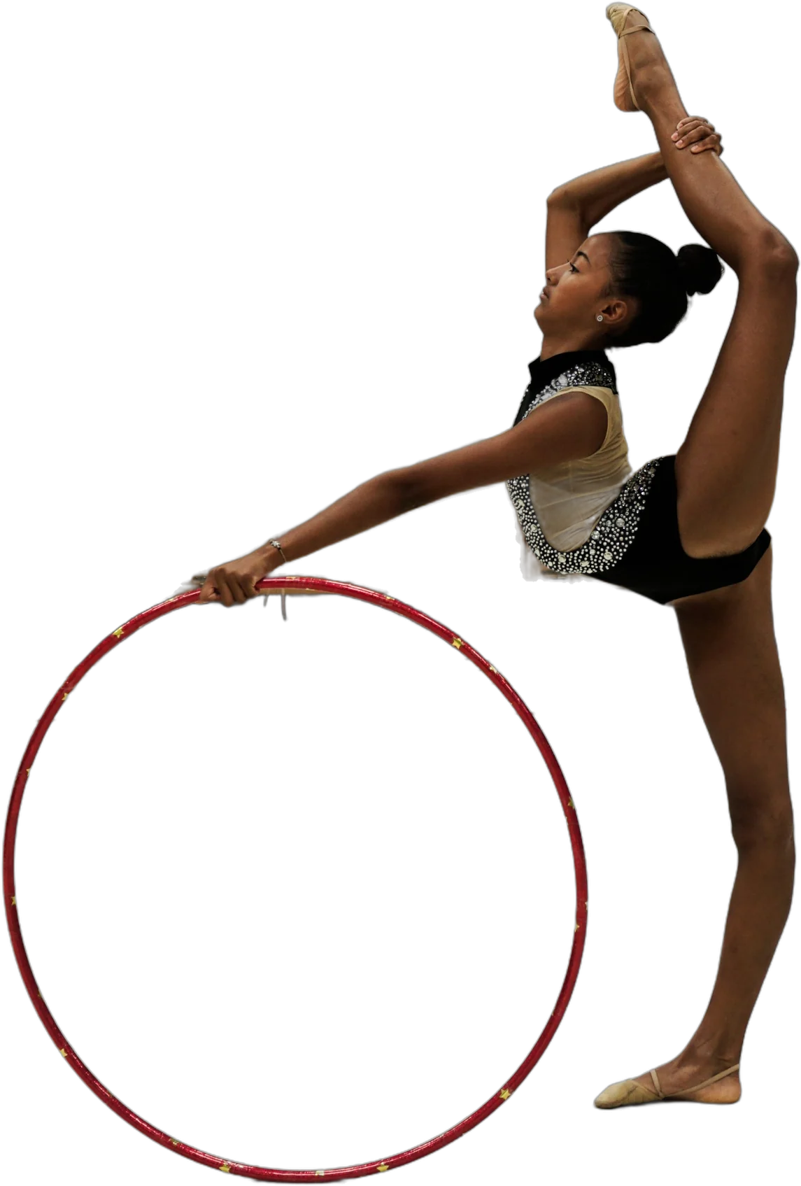 Gymnaste d'INFINORIA en gymnastique rythmique, jambe à la verticale, un cerceau à la main